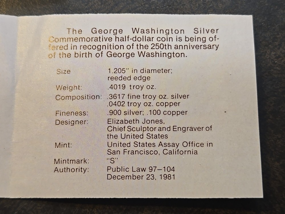 1982 S George Washington Commemorative Silver Half Dollar PROOF 50c