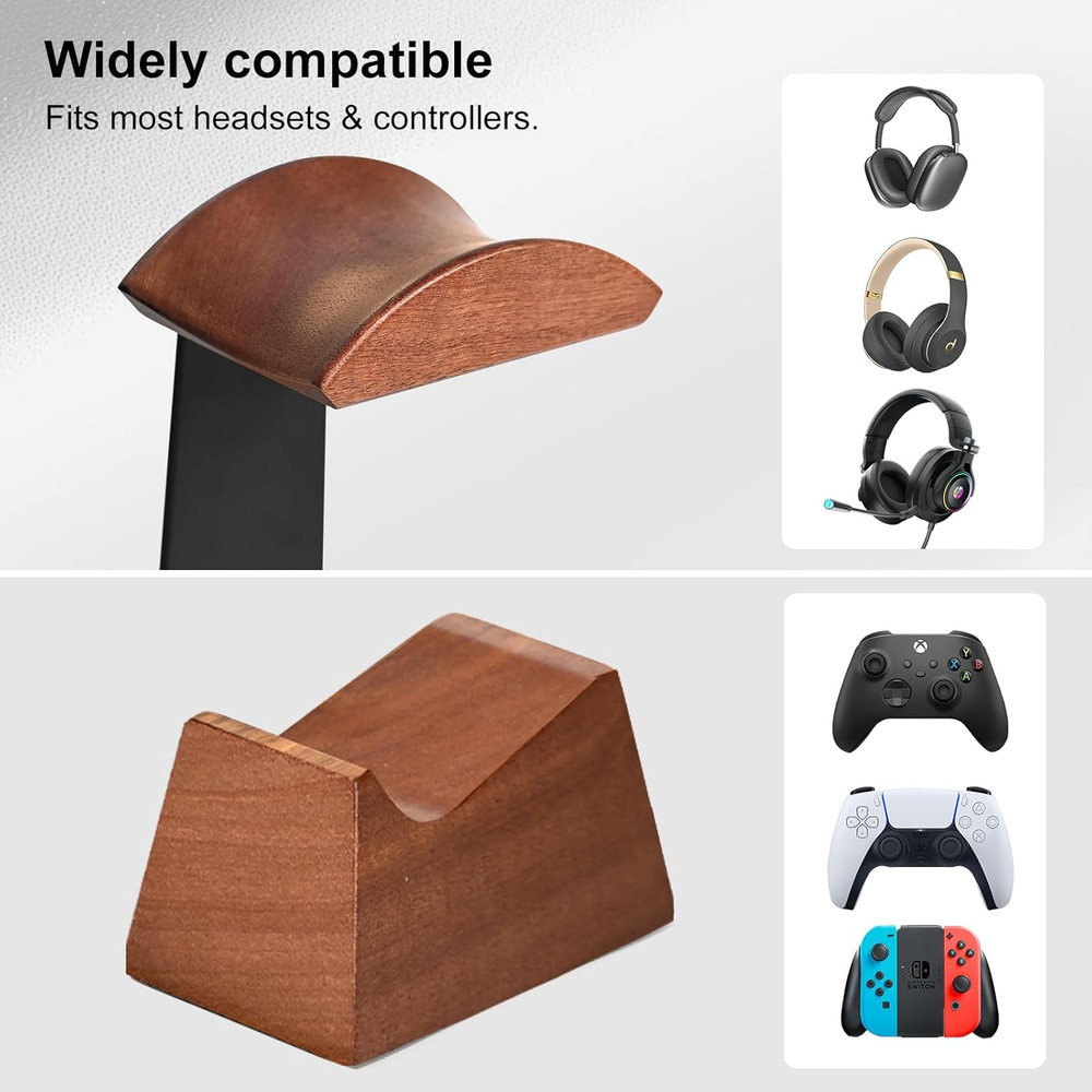 Headset Stand with 2 Controller Holders - Solid Wood & Metal Gaming Headphone Ho