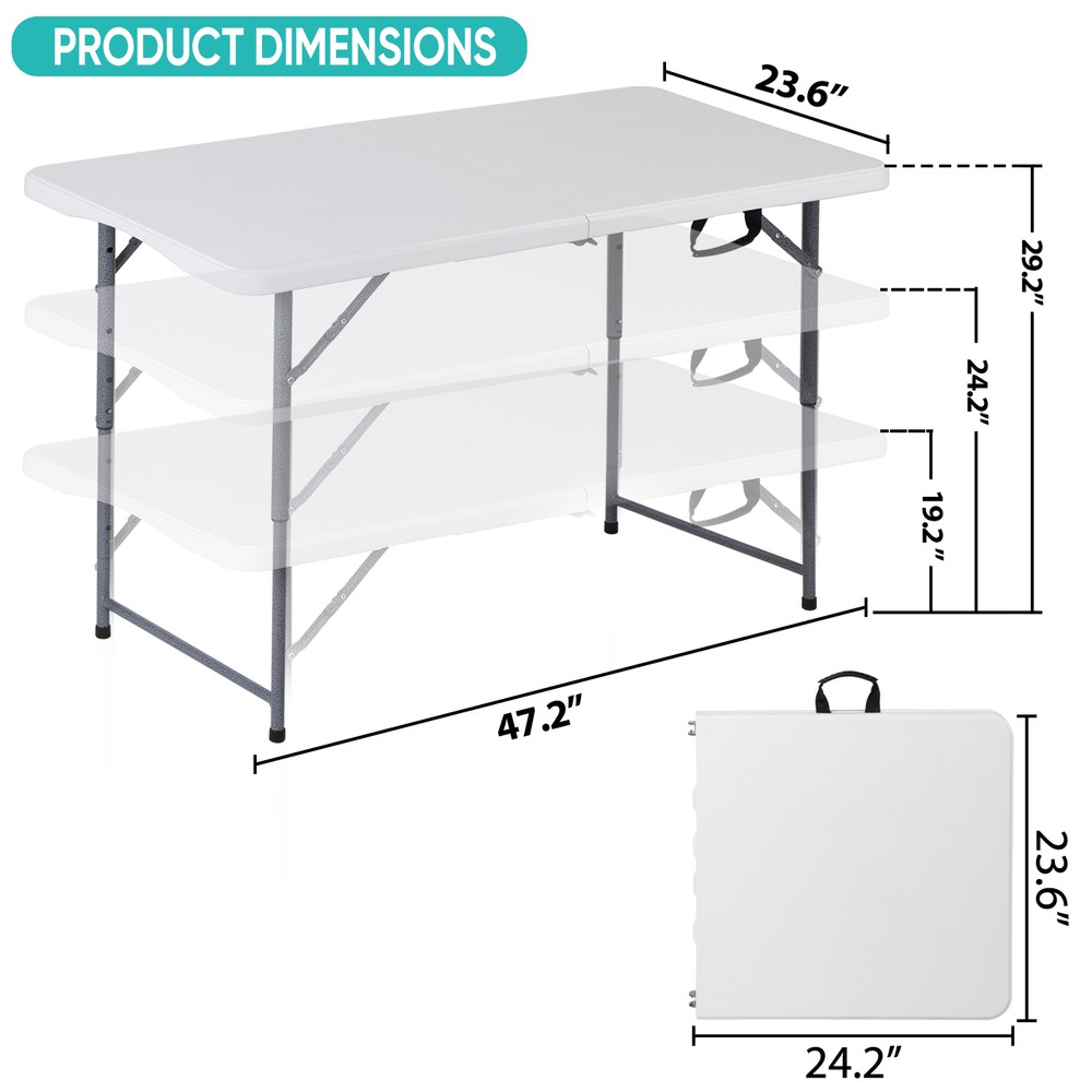 4ft Portable Table Foldable Legs and Adjustable Height Utility Table In/Outdoor