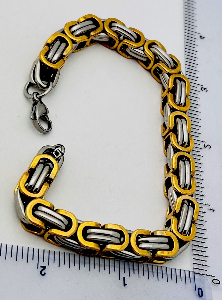 Vintage 1990s 2 Tone Chunky Interlocking Motorcycle Link Bracelet 9”
