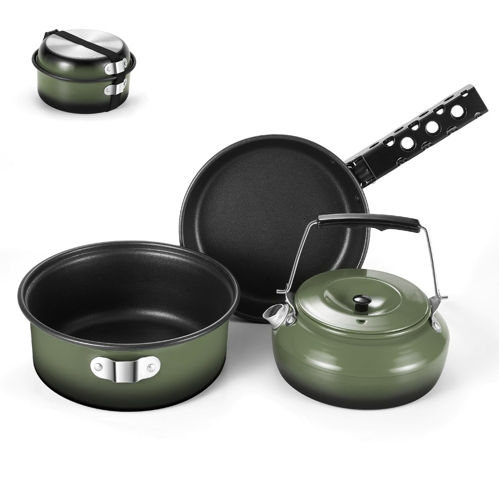 5pcs Non-Stick Camping Cookware Set with Pot, Pan, Kettle & Removable Handle