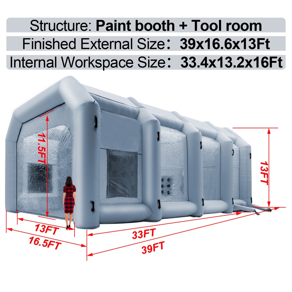 𝟑𝟗𝐱𝟏𝟔𝐱𝟏𝟑𝐅𝐭 Inflatable Paint Booth Portable Spray Booth for Vehicle