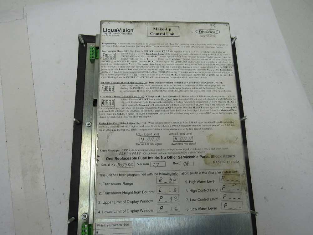 DistaView LiquaVision Liquid Level Make-Up Control Unit Version 1.7 Rev. 4A