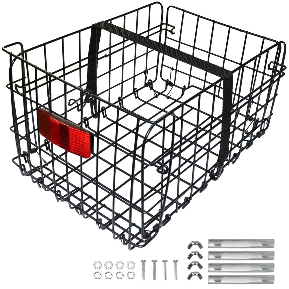 Quick Release Folding Rear Bike Basket with Strap & Reflective Light
