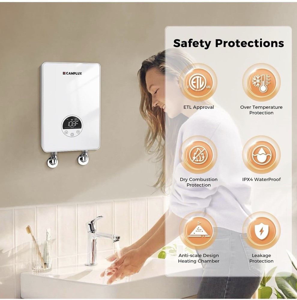 CAMPLUX Tankless Water Heater Electric 4.5kW 110~120V Small Instant Point-of-use