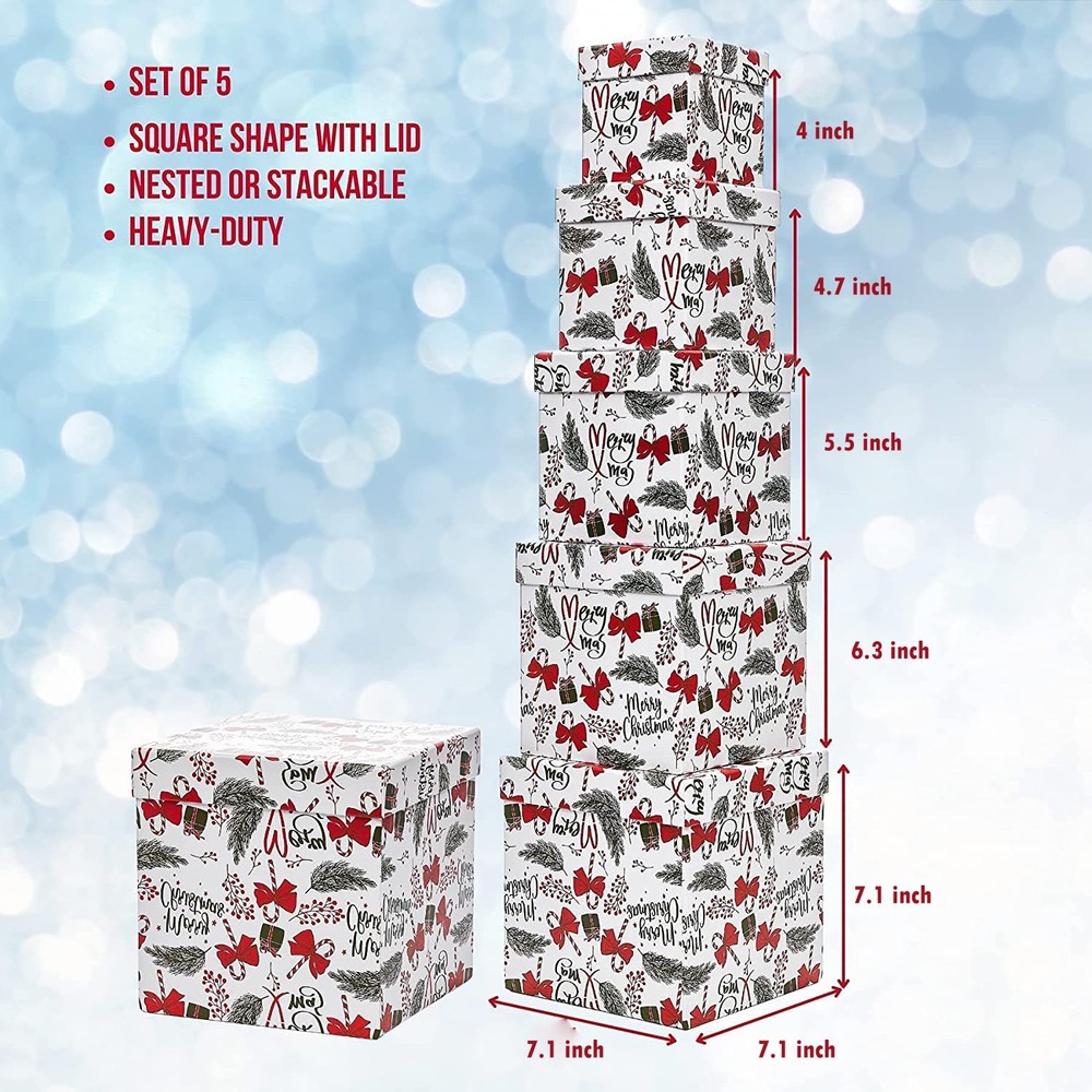5PCS Christmas Nesting Gift Boxes with Lid, Nested Box Set, 5 Sizes, Square S...