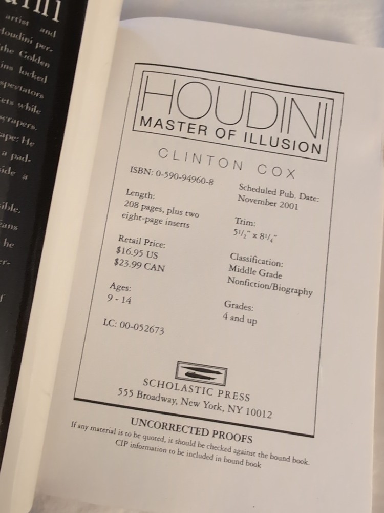 Houdini Book By Clinton Cox - Uncorrected Proof 2001
