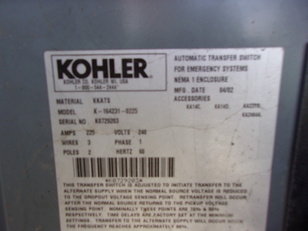 Used 1PH 240V 225a Kohler Automatic Transfer Switch
