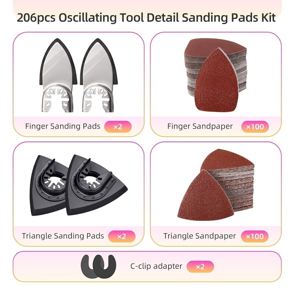 206Pcs Oscillating Tool Detail Sanding Pads Kit 2Pcs Triangle Sanding Pads 2Pc