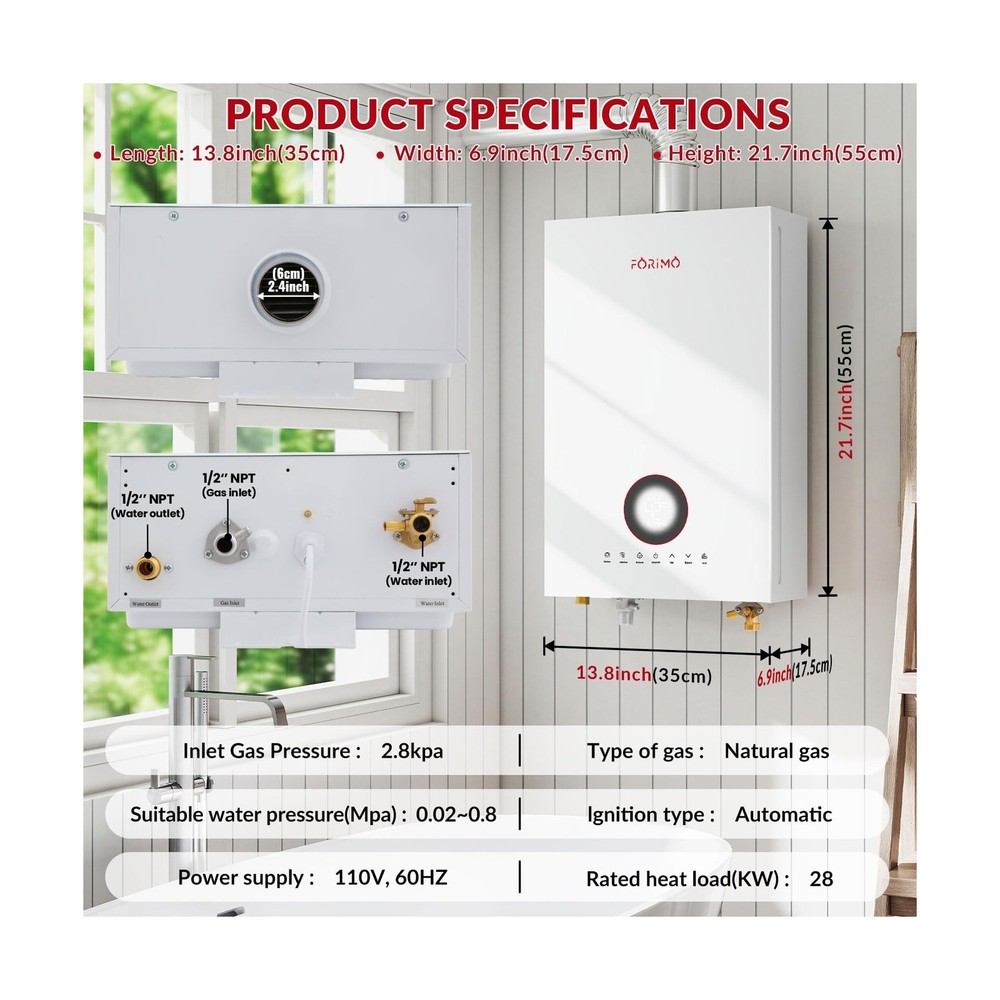 Tankless Water Heater Natural Gas, 4.74 GPM 18L Indoor Instant Hot Water Heat...