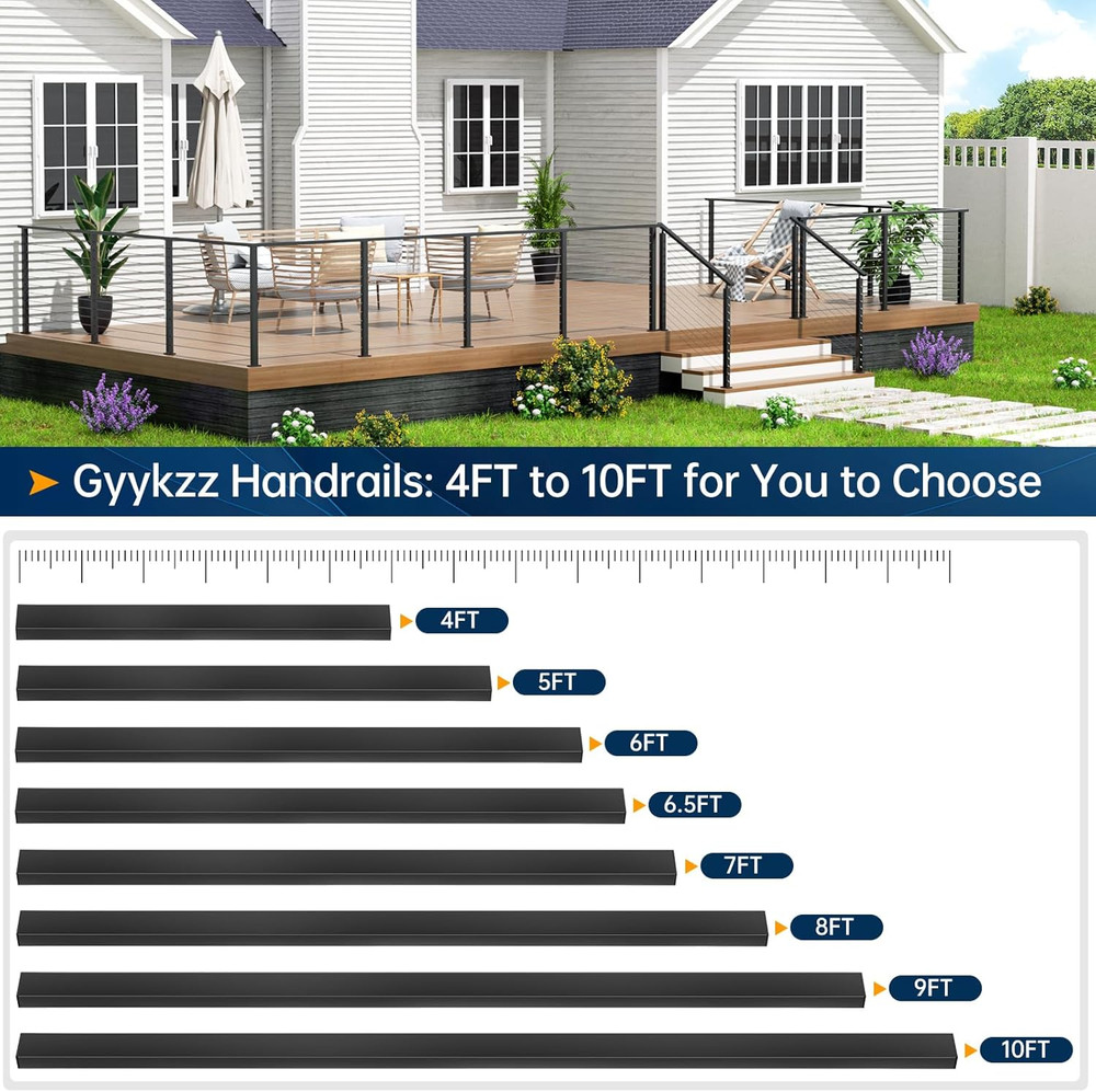 10FT Black Stainless Steel Handrail - 4 Pack for Cable Railing System