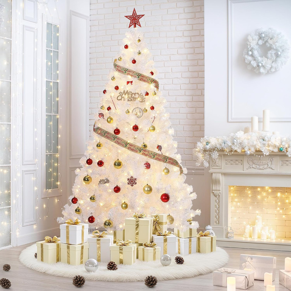 7.5Ft Pre-Lit White Christmas Tree with 450 LED Lights - Easy Assembly