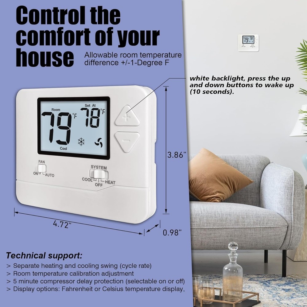 Wired Non-Programmable Thermostat for Single-Stage HVAC White Backlit