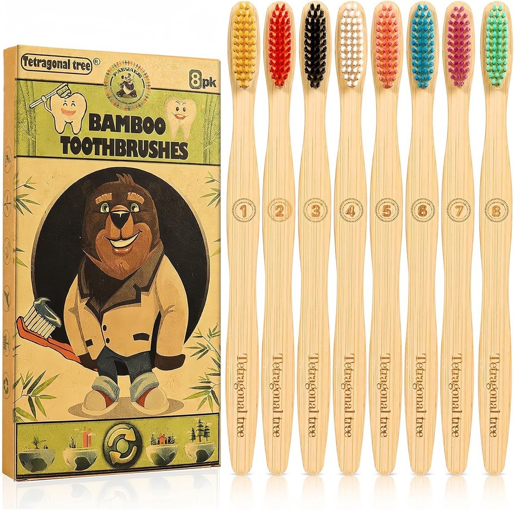 8 Count Bamboo Toothbrushes - BPA Free Soft Bristles, Biodegradable Eco Friendly