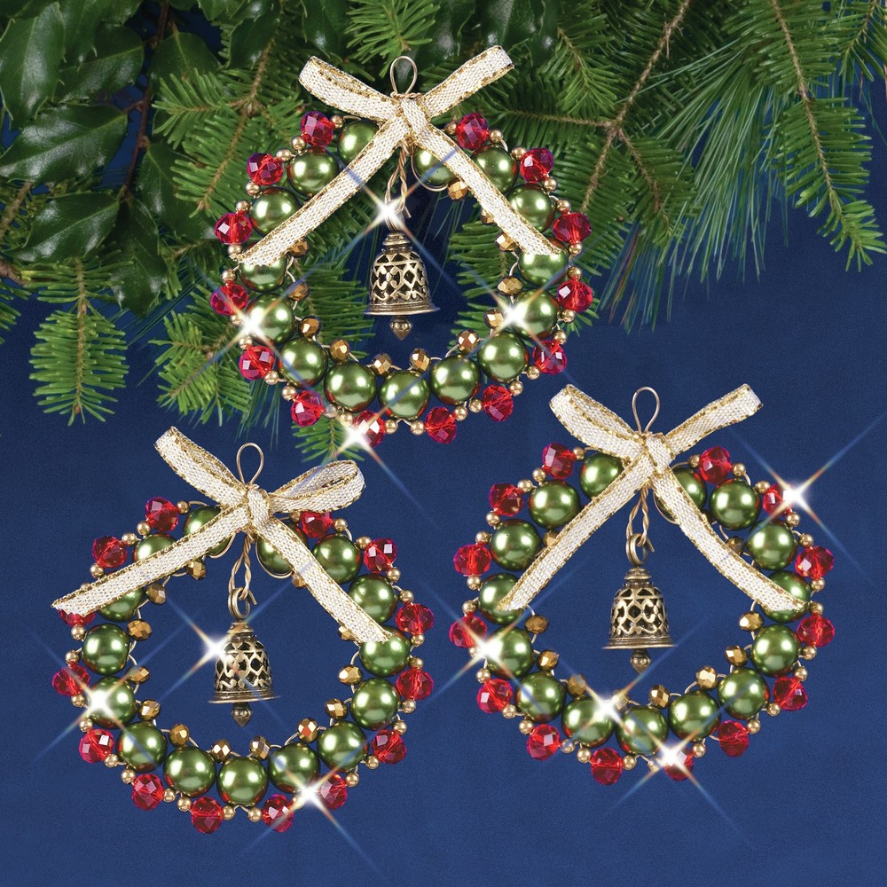Solid Oak Nostalgic Christmas Beaded Crystal Ornament Kit-Ruby,Green & Gold Bell