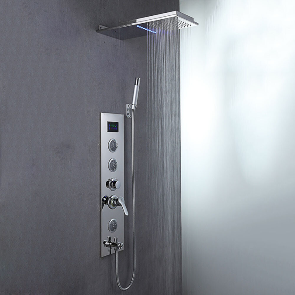 Silver Massage LED Shower Panel System Digital Display 4-Way Mixer Valve Tap Set