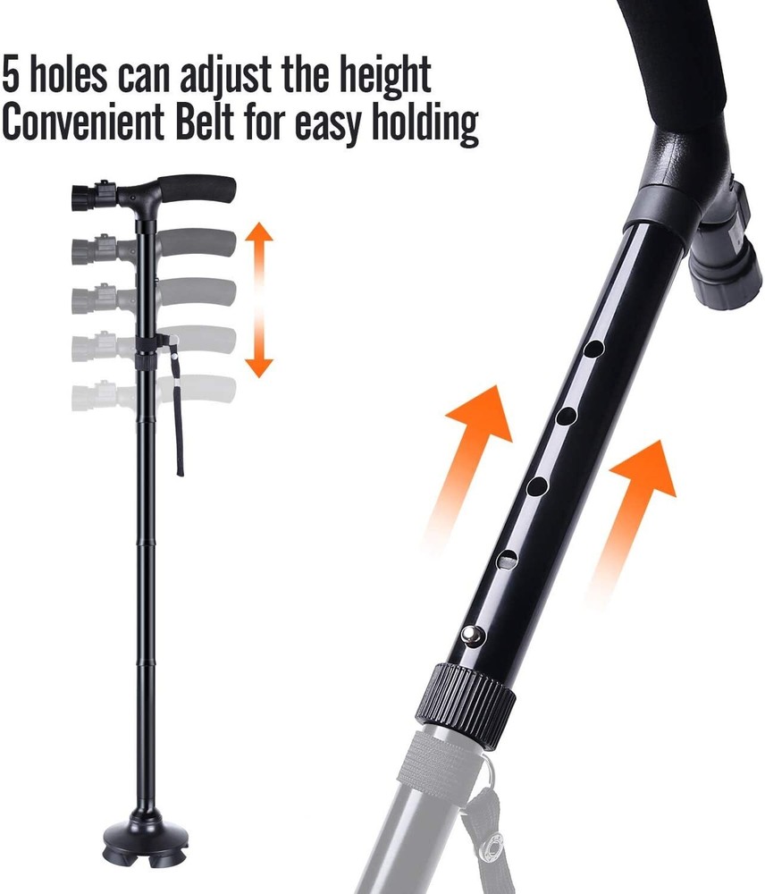 5Level Adjustable Foldable Walking Stick with LED Light Travel Camping Hiking