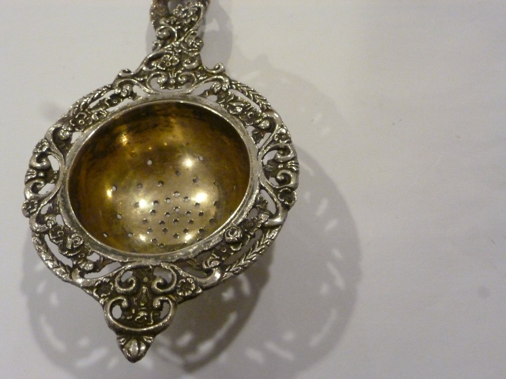 ANTIQUE PEACOCK FLORAL TEA STRAINER 7" 800 SILVER WITH HANDLE