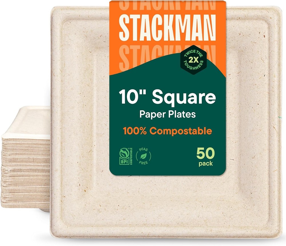 100% Compostable Square Paper Plates [50-Pack] - 10 Inch, Unbleached