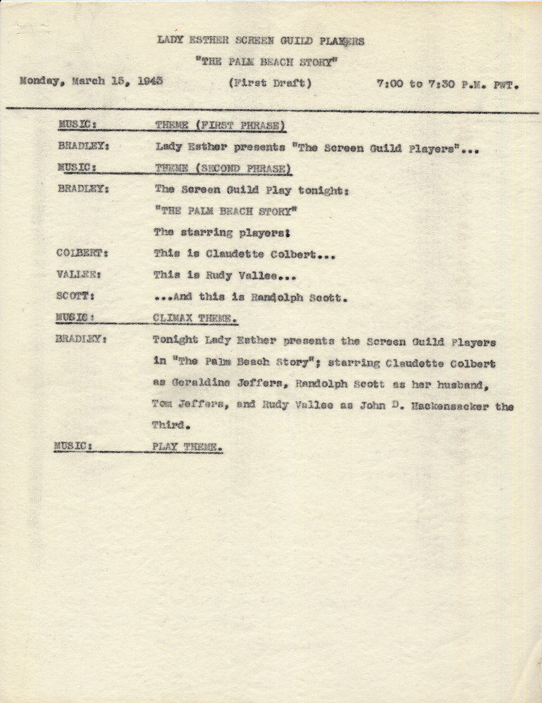 1943 Screen Guild Players Radio Show Script Claudette Colbert Huntly Gordon Auto