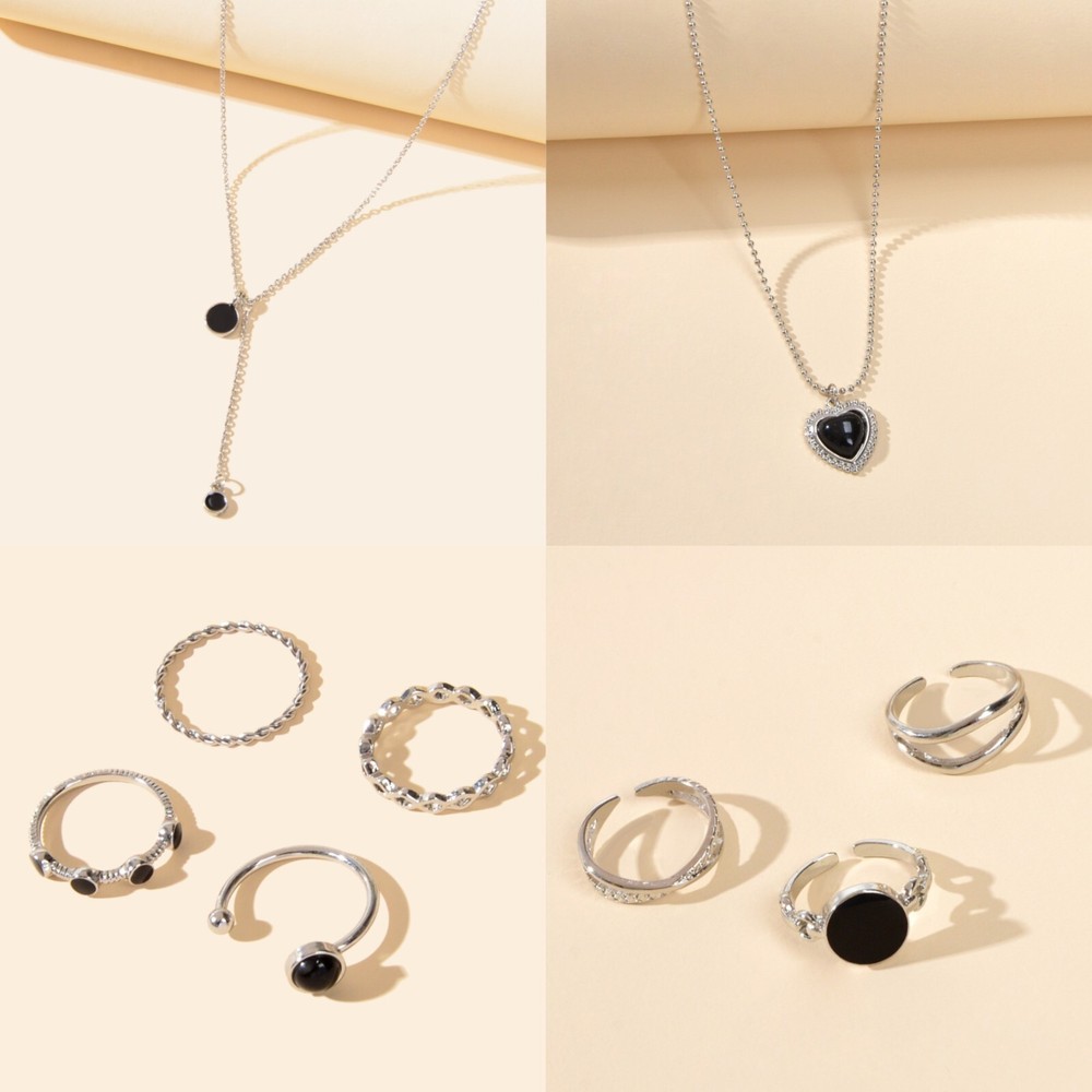 Silver Chain Disc Heart Pendant Necklace Stackable Midi Finger Multiple Rings