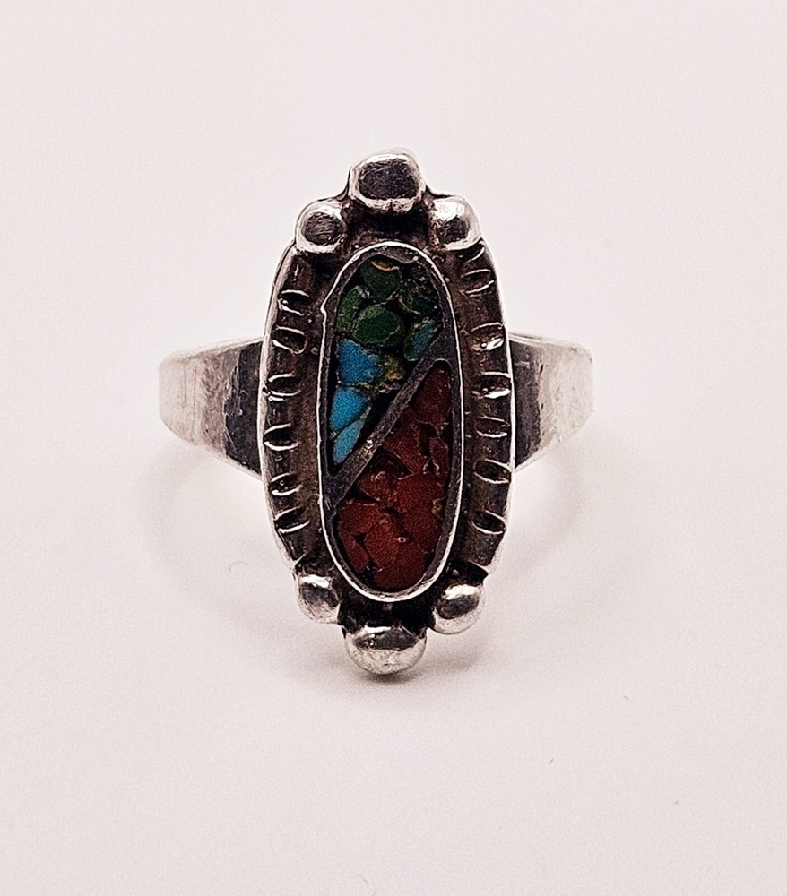 Sterling silver coral & turquoise multi stone inlay native ring
