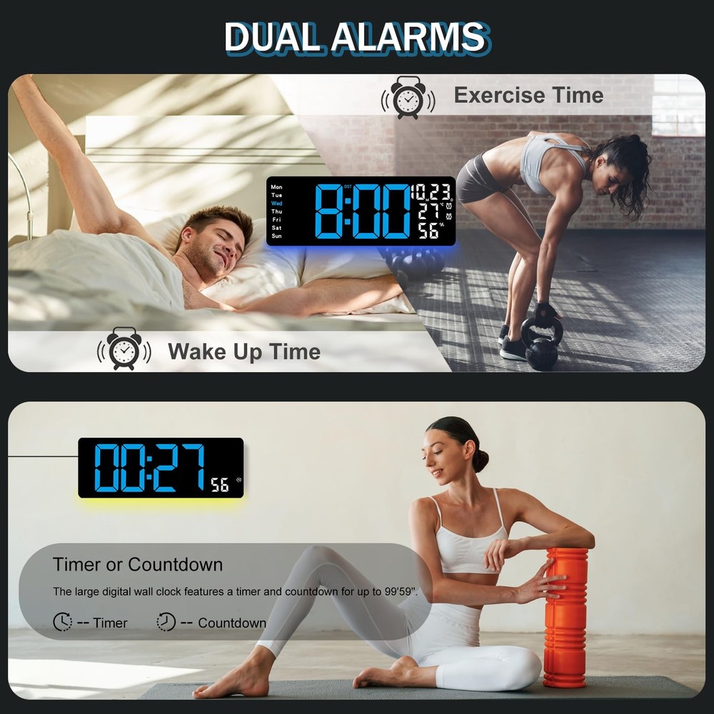 17.3" Large Digital Wall Clock, LED Digital Clock Large Display with Remote C...
