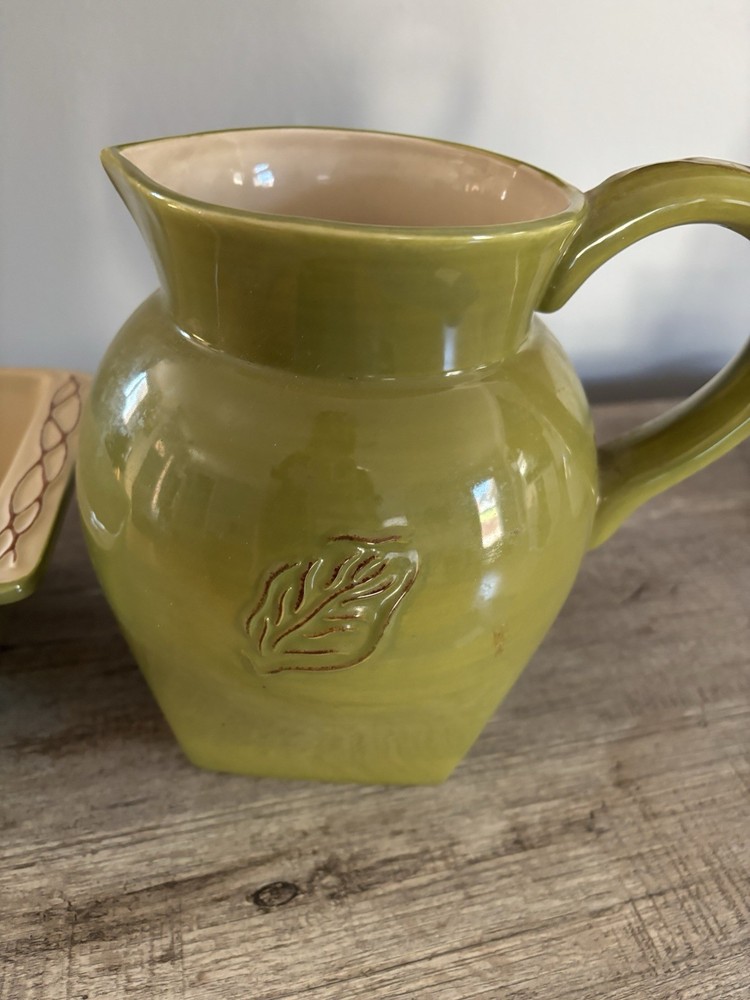 Tastefully Simple Host Collection Green Ceramic Pitcher & Dip Dish Set