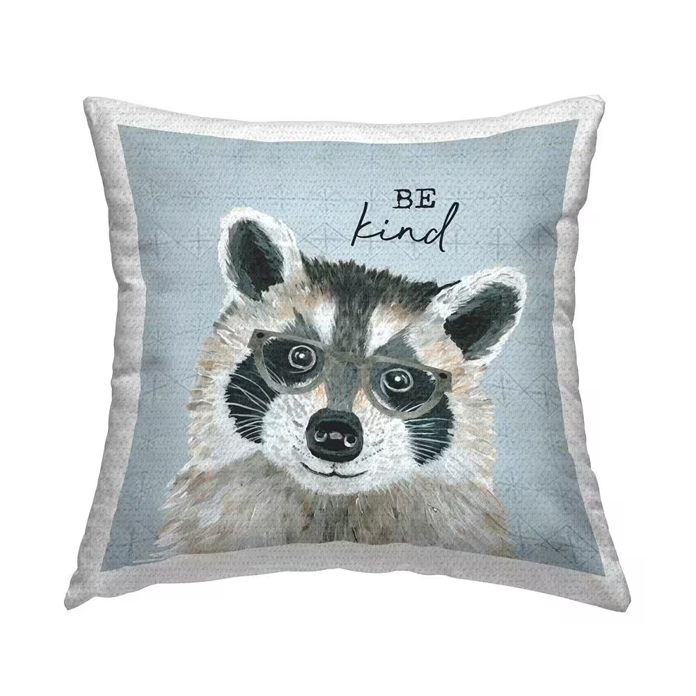 Be Kind Blue Patterned Racoon Blue Square Outdoor Throw Pillow