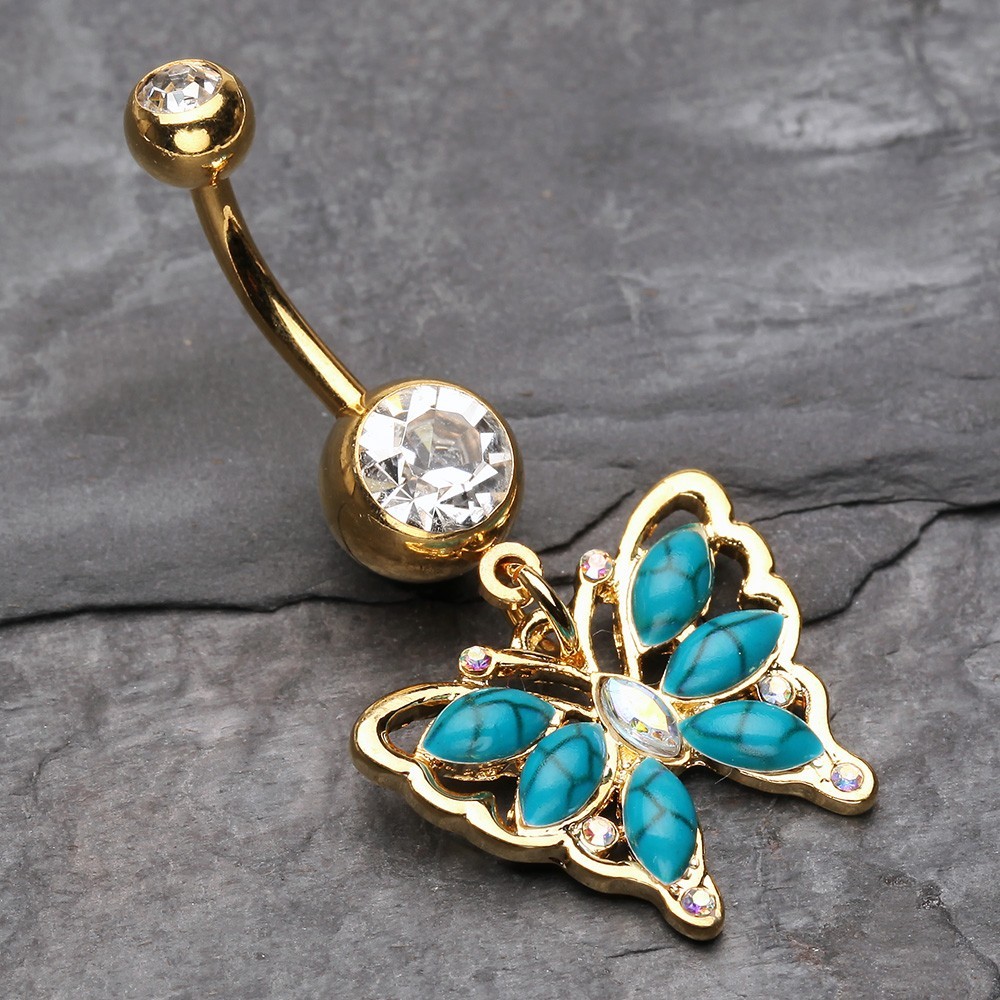 Golden Vintage Turquoise Butterfly Belly Button Ring