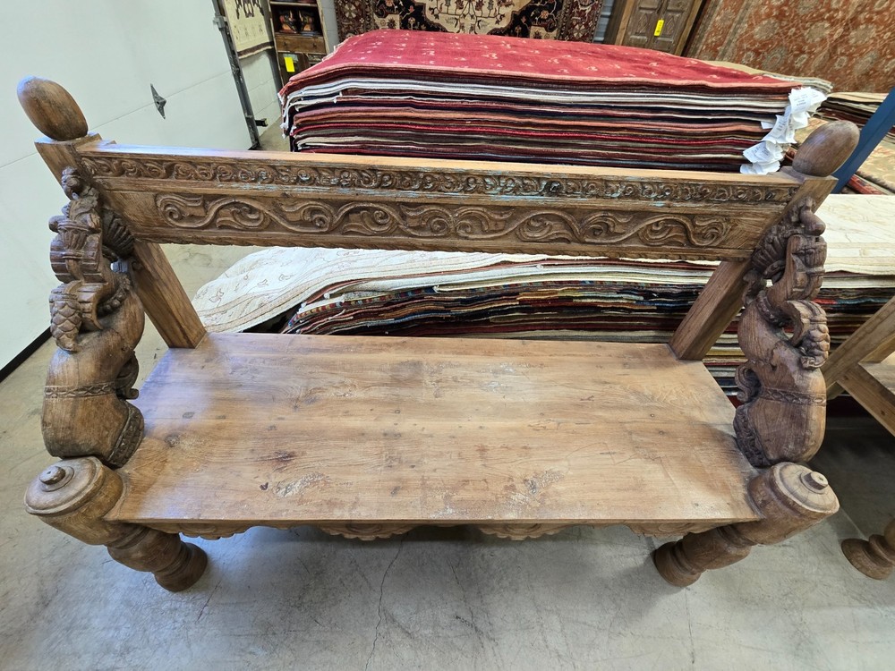 Reclaimed solid wood bench with floral carving design