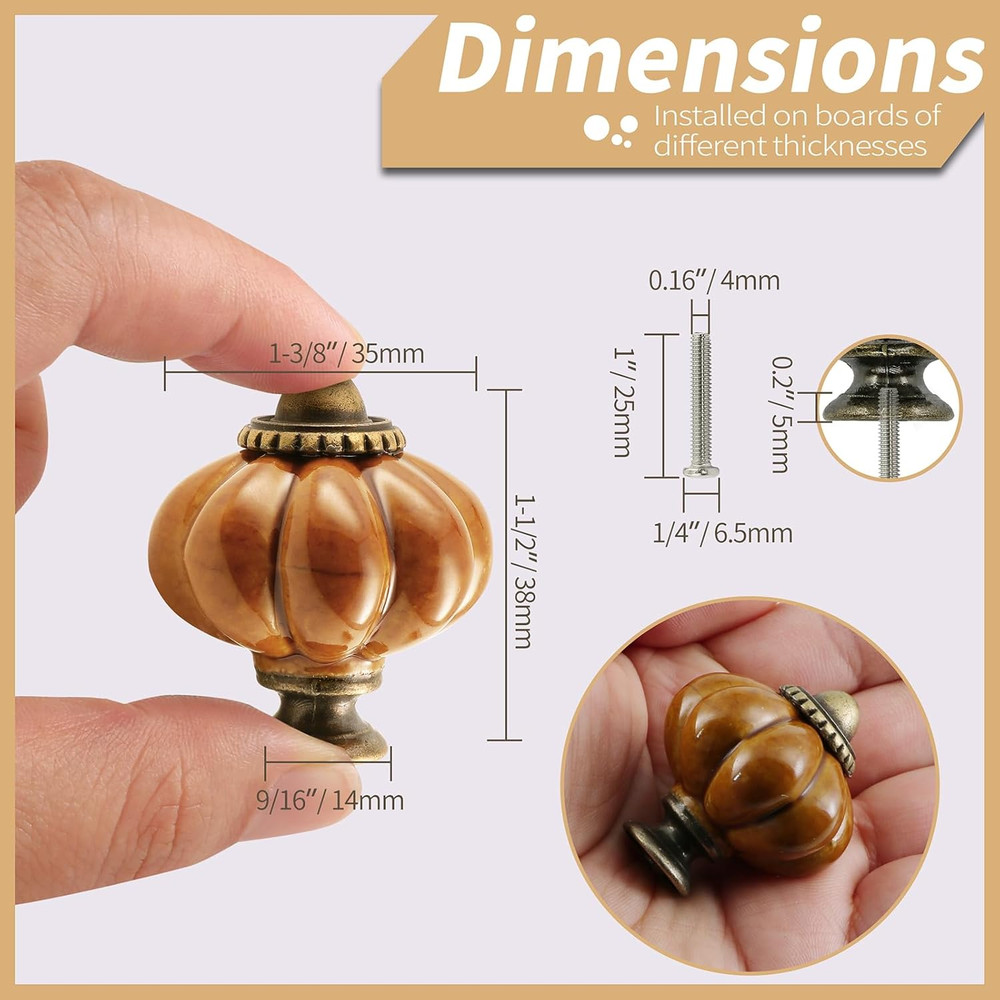 Earthy Yellow Pumpkin Knobs 6 Pack Ceramic Cabinet Knobs Vintage Drawer Pulls -