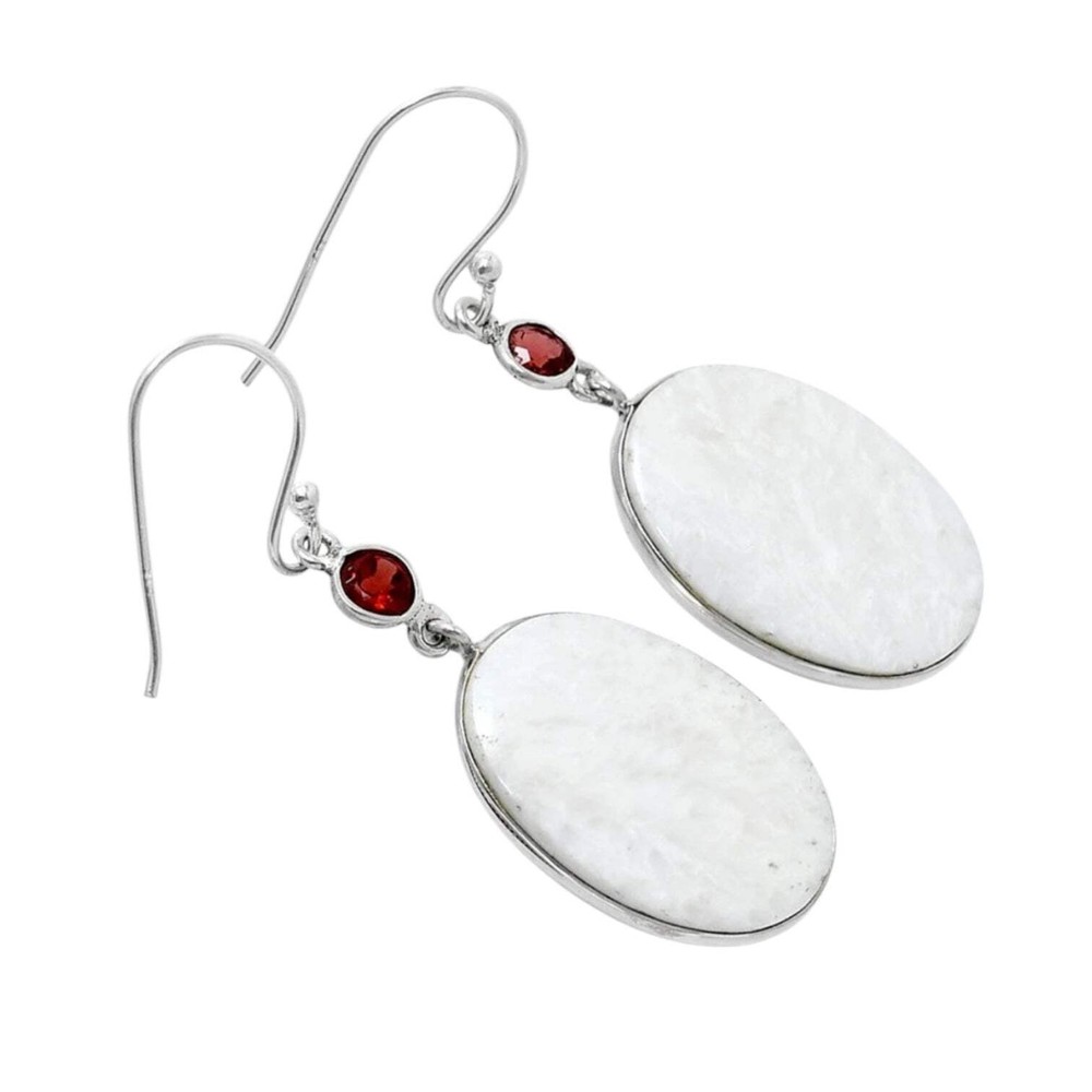 White Scolecite & Garnet Solid 925 Sterling Silver Earrings