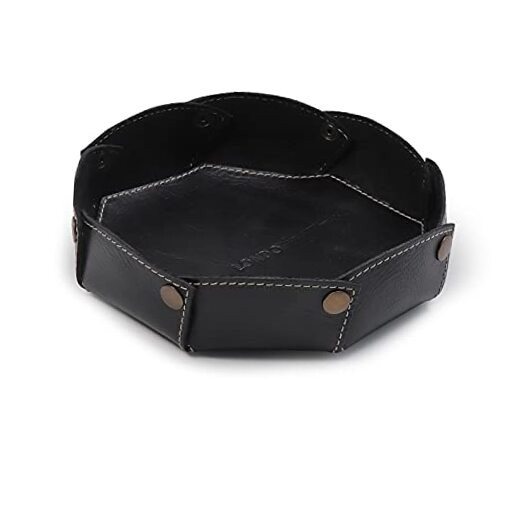 Genuine Leather Round Tray Organizer - Practical Storage Box for Wallets, Black