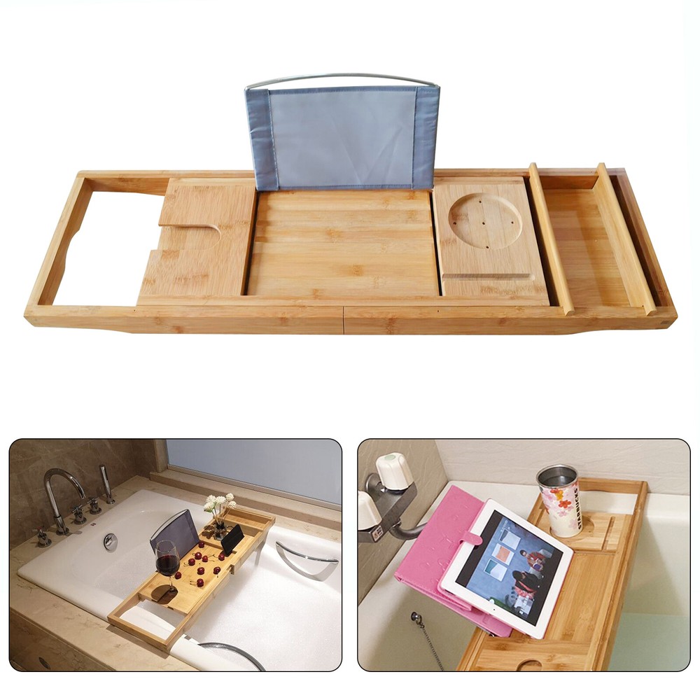 Bamboo Bath Tray Table - Adjustable Caddy with Multifunctional Groove