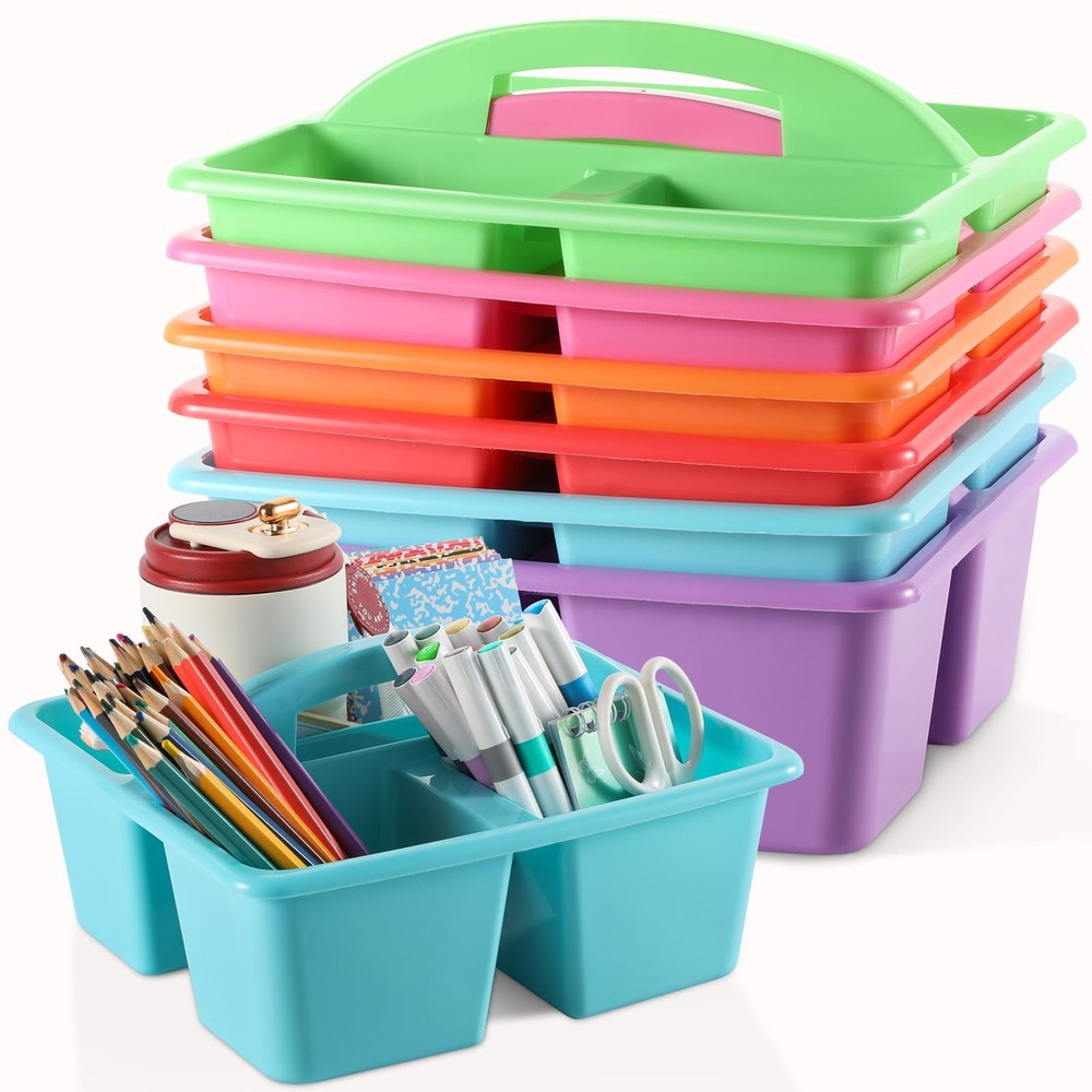 6 Pack 3 Compartment Small Caddy Plastic Classroom Organizer with Handle Port...