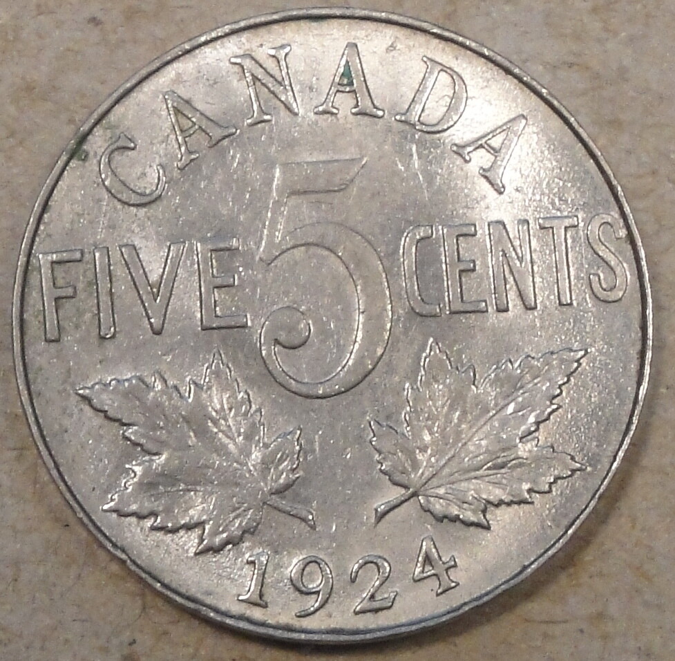 Canada 1924 Five Cents 5c XF/AU