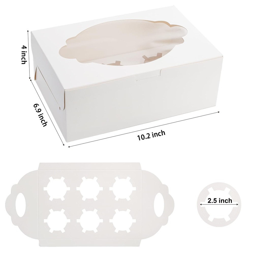 30 Pack Cupcake Boxes 10.2x6.9x4 Inch 6 Count White Containers Window Insert