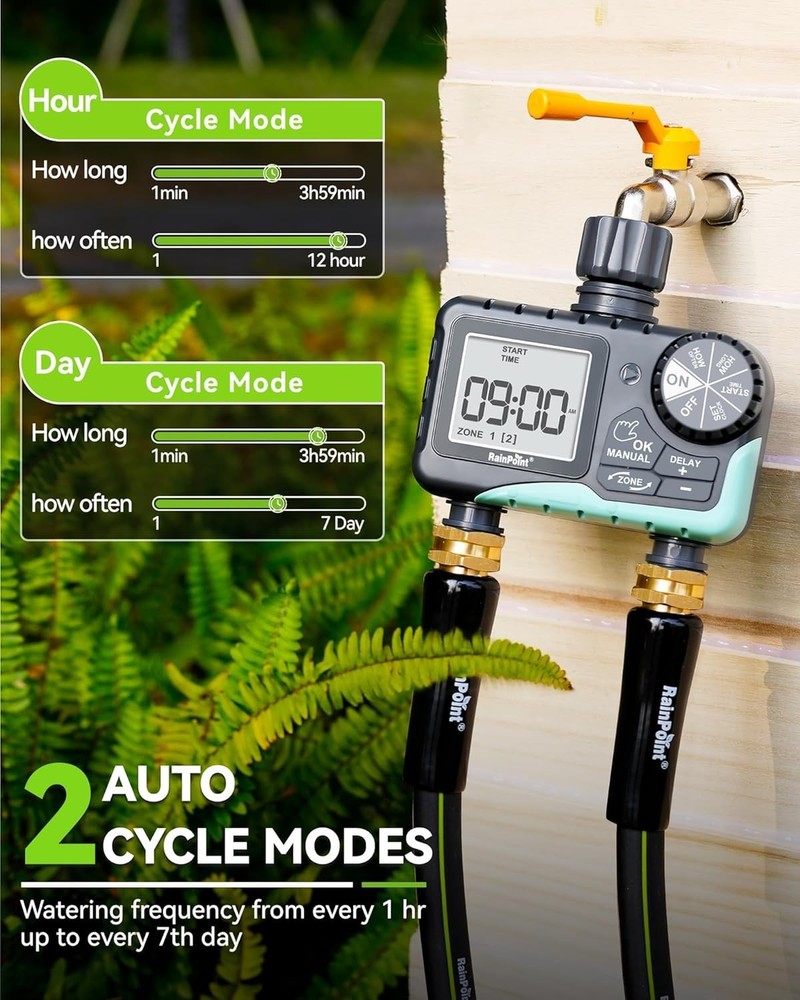 Easy Setup 2-Zone Sprinkler Timer for Yard Lawn - Rain Delay