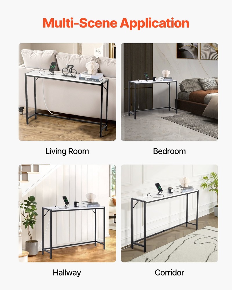 [New]Marble Console Table,Modern Narrow Long Console Table w/Power Outlet,Thin S