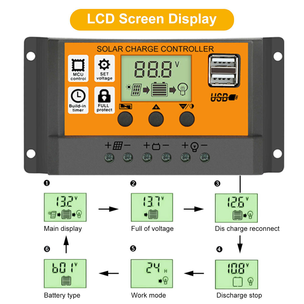 Solar Charge Controller PWM Adjustable Charging Controller 100A Battery