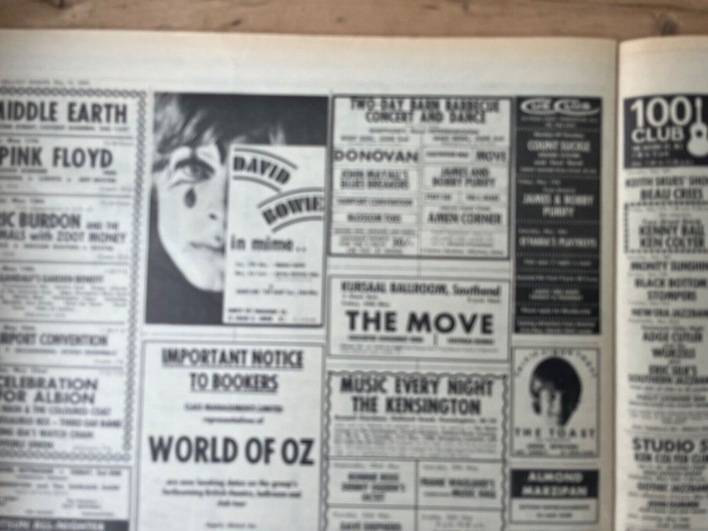 David Bowie - Melody Maker - May 1968 - Mime & T. Rex Appearance Ad