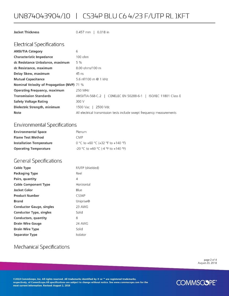 Commscope CS34P 23/4P Cat6 F/UTP WebTrak Plenum Shield Network Cable Blue /100ft