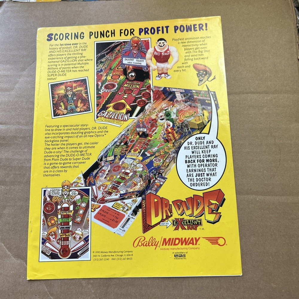 original  ad  11- 8" Dr Dude Pit Fighter Atari Pinball ARCADE GAME FLYER