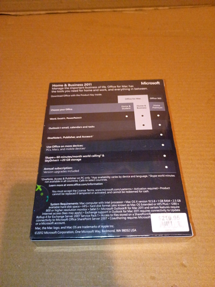 Microsoft Home & Business 2011 License Only 1 Computer Full Version for MAC NEW.