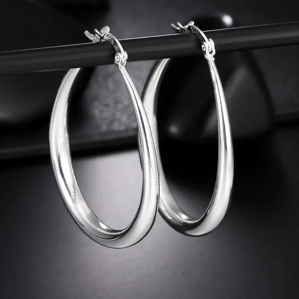 Womens 925 Sterling Solid Silver Elegant Oval Shaped Extra Large Hoop Earrings
