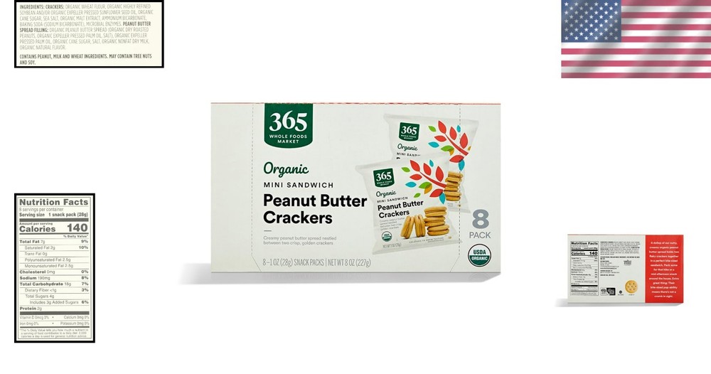 8 Count Organic Peanut Butter Crackers - Bite-Sized, Perfect for Lunchboxes