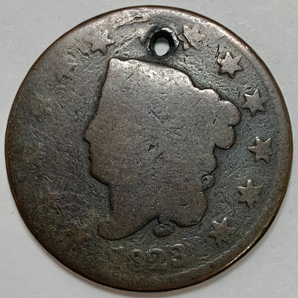 1823 1C Coronet Head Large Cent Key Date: Holed