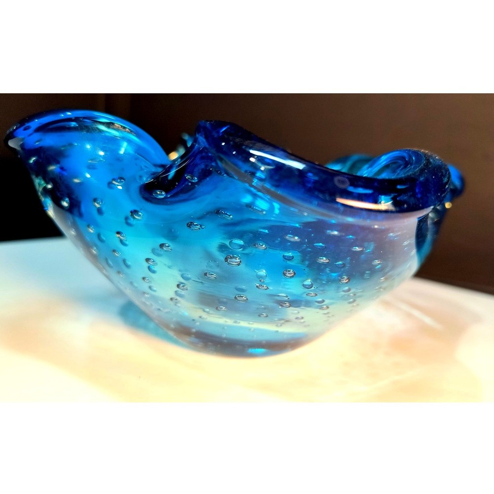 94. Blue Murano style Candy Dish Pinched with Bubbles