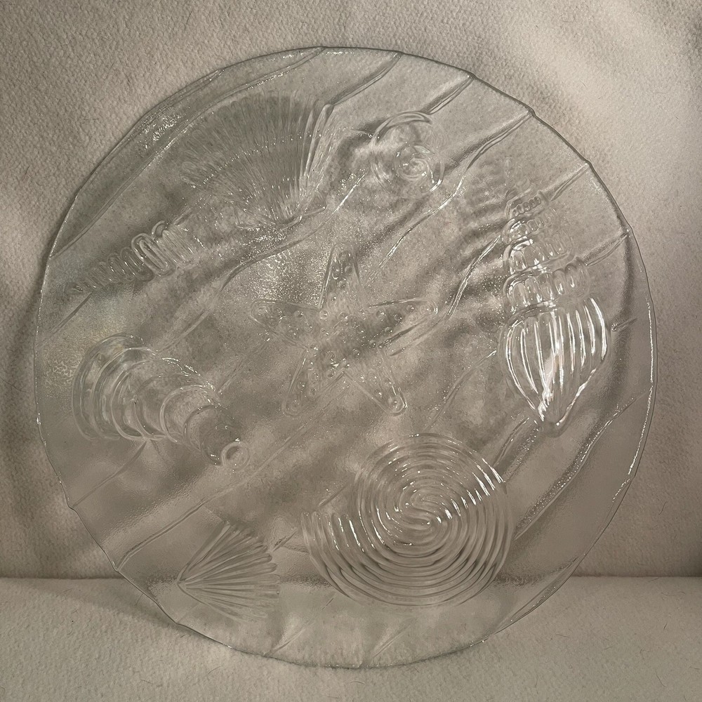 Clear Round Glass Platter With Embossed Shell Pattern 12”